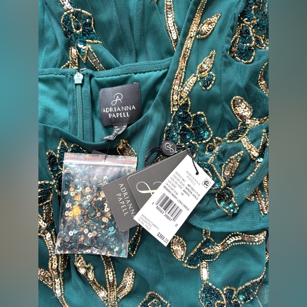 NWT Adrianna Papell Beaded Embellished Green & Gold Mesh Sequin Maxi Dress 10 - Picture 7 of 7